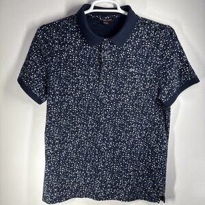 Michael Kors Men Large Cotton Navy Blue Abstract Dots Short Sleeve Polo Shirt
